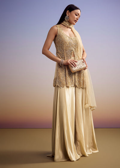 Beige Net Palazzo Suit With Moti And Cut Dana Embroidery