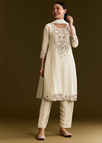 Beige Organza Embroidered Kurta Set With Dupatta