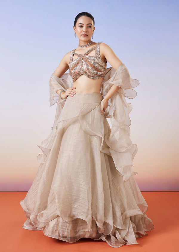 Beige Organza Layered Fusion Lehenga With Dupatta