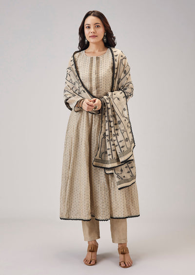 Beige Printed Chanderi Handwork Anarkali