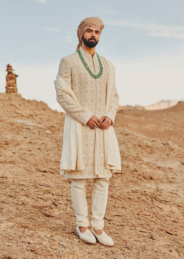 Beige Raw Silk Hand Embroidered Sherwani