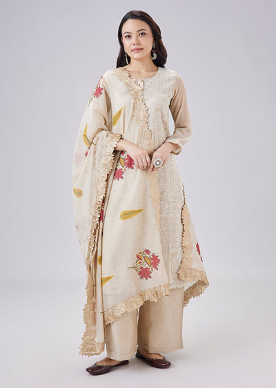 Beige Resham Embroidered Chanderi Kurta Set With Dupatta