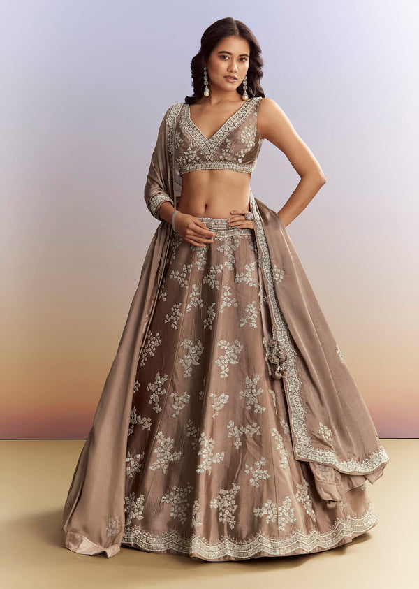 Beige Satin Bridesmaid Lehenga With Heavy Embroidery