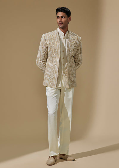 Beige Silk French Knot Embroidered Jodhpuri Set
