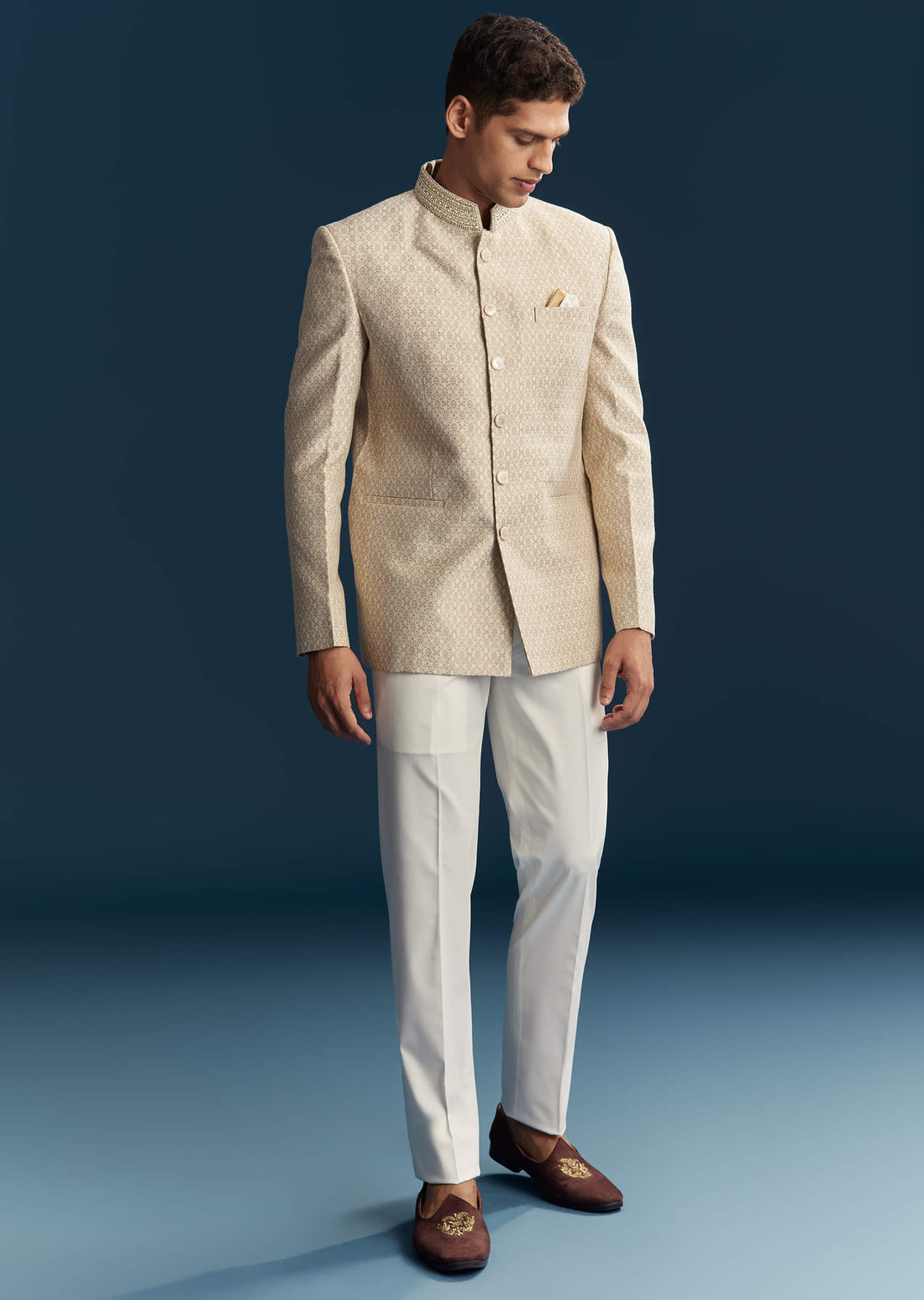 Beige Jacquard Jodhpuri Suit For Men With Pashmina Dupatta