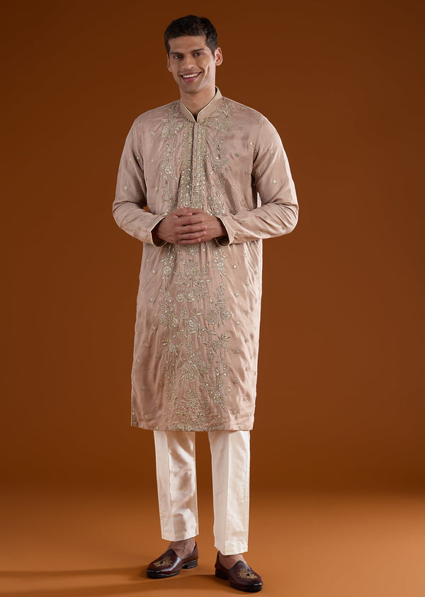 Beige Silk Mens Kurta Set With Thread Sequins And Zardosi Work