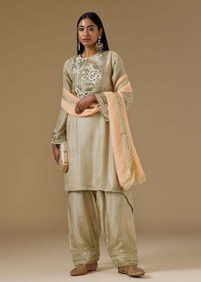 Beige Silk Patiala Suit With Gota Moti And Bead Embroidery