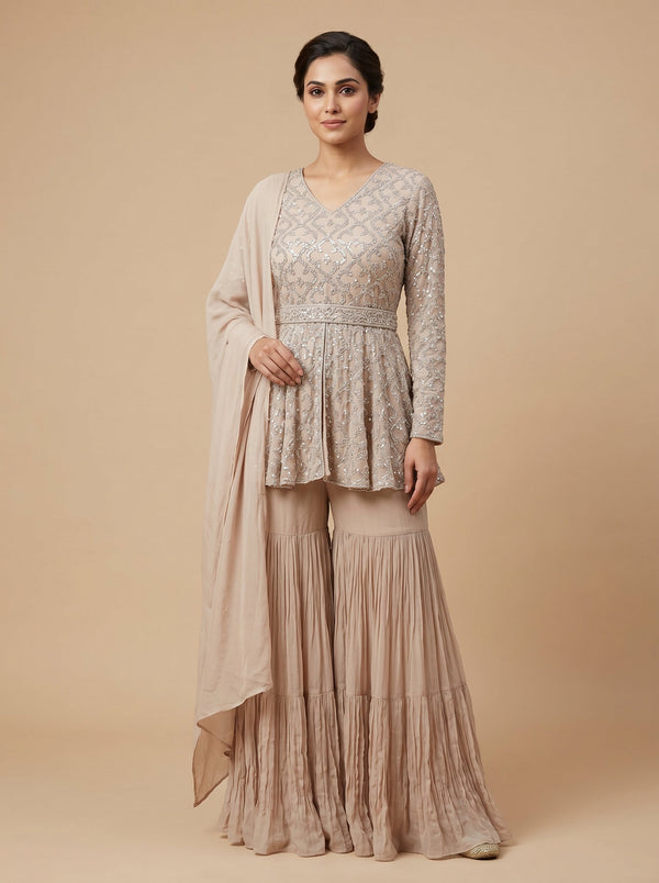 Beige Silk Sharara Set