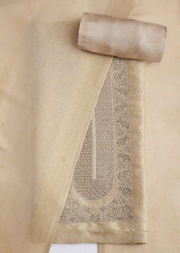 Beige Tissue Brocade Zari Embroidered Dress Material Set