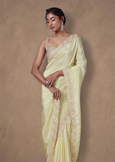 Beige Tissue Cutdana Embroidered Saree With Unstitched Blouse