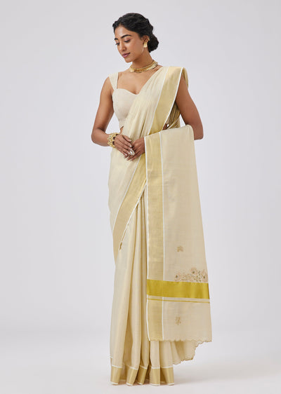 Beige Tissue Embroidered Kasavu Saree With Unstitched Blouse