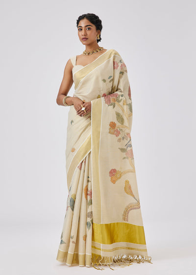 Beige Tissue Floral Printed Kasavu Saree With Unstitched Blouse