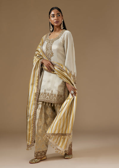Beige Tissue Kurta Set With Zardosi Work And Banarasi Tissue Salwar