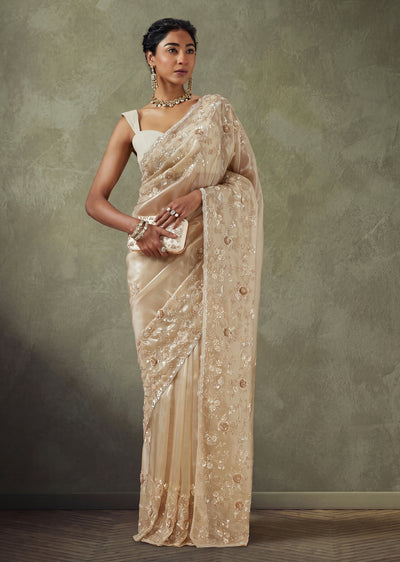 Beige Tissue Organza Saree With Cut Dana And Sequin Embellished Pallu