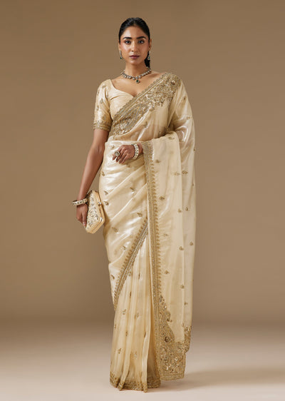 Beige Tissue Saree With Cut Dana And Sequin Embellished Border
