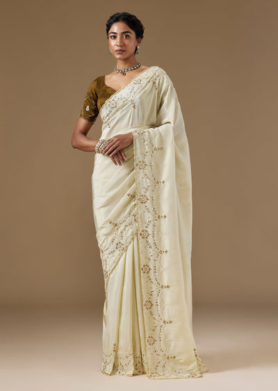 Beige Tissue Saree With Multi Stone Kundan Embroidery