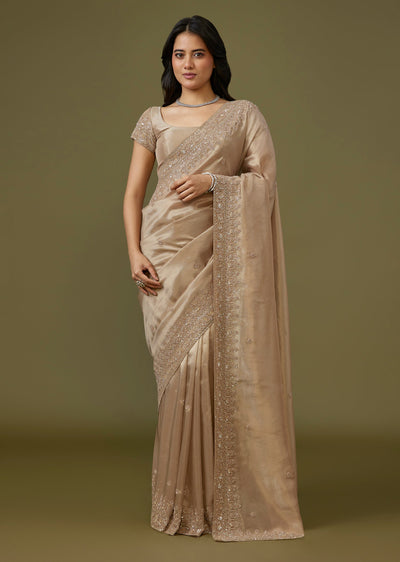 Beige Tissue Silk Saree With Broad Border