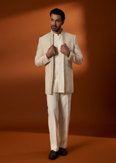 Beige Viscose Insdo Western Set With Dori And Beadwork