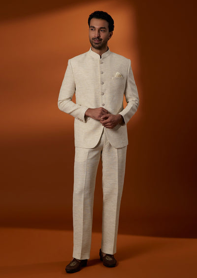Beige Viscose Textured Jodhpuri Set