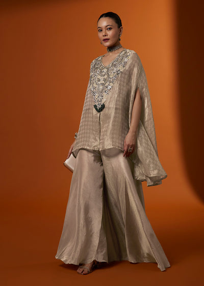 Beige Woven Tissue Kurta And Palazzo Set With Zardosi Embroidery