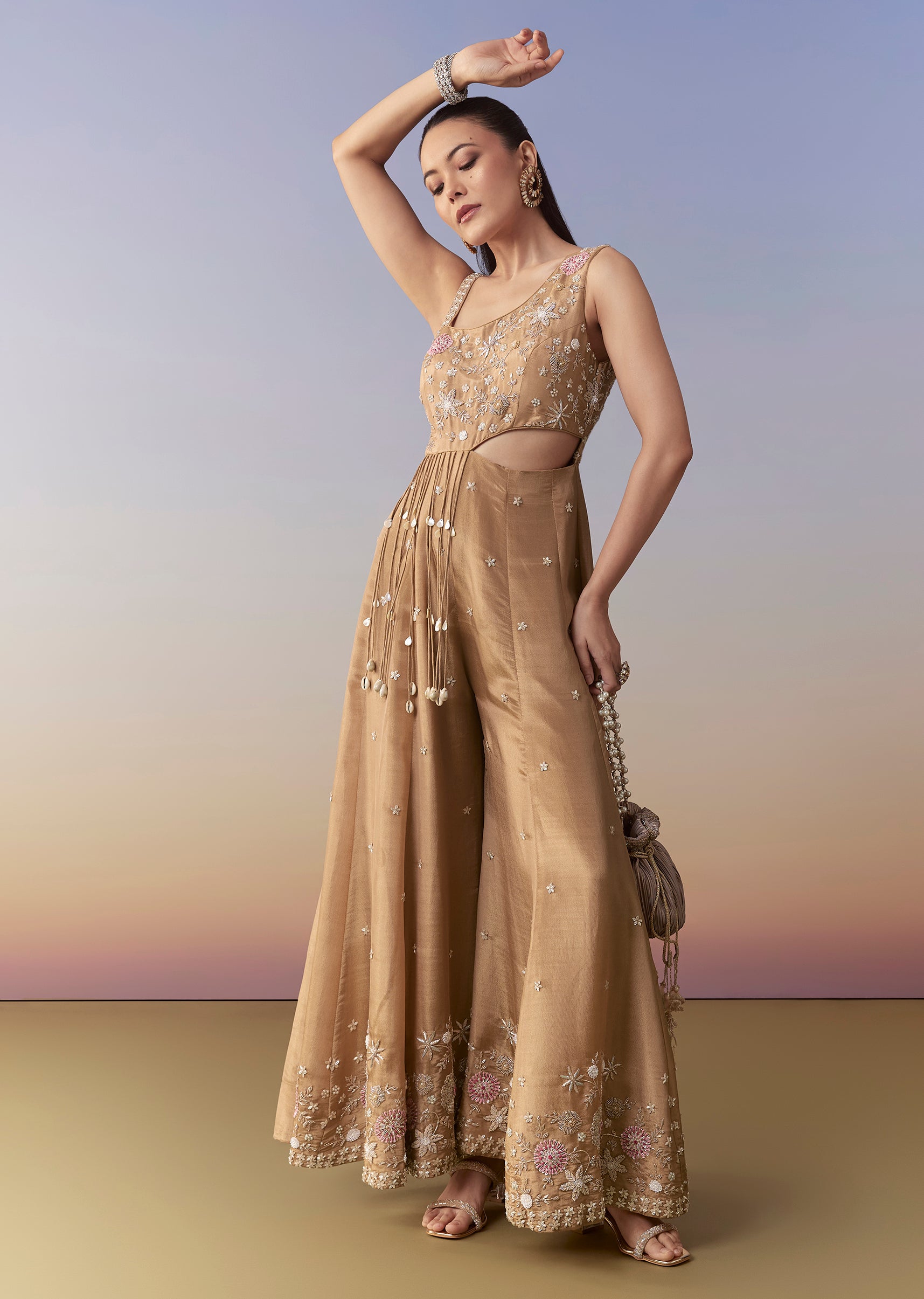 Buy Beige Zardozi Embroidered Jumpsuit | KALKI Fashion India