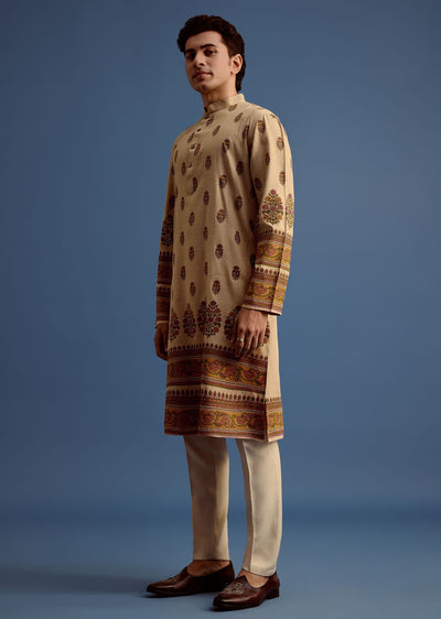 beige hand block printed kurta set-sg236942 1