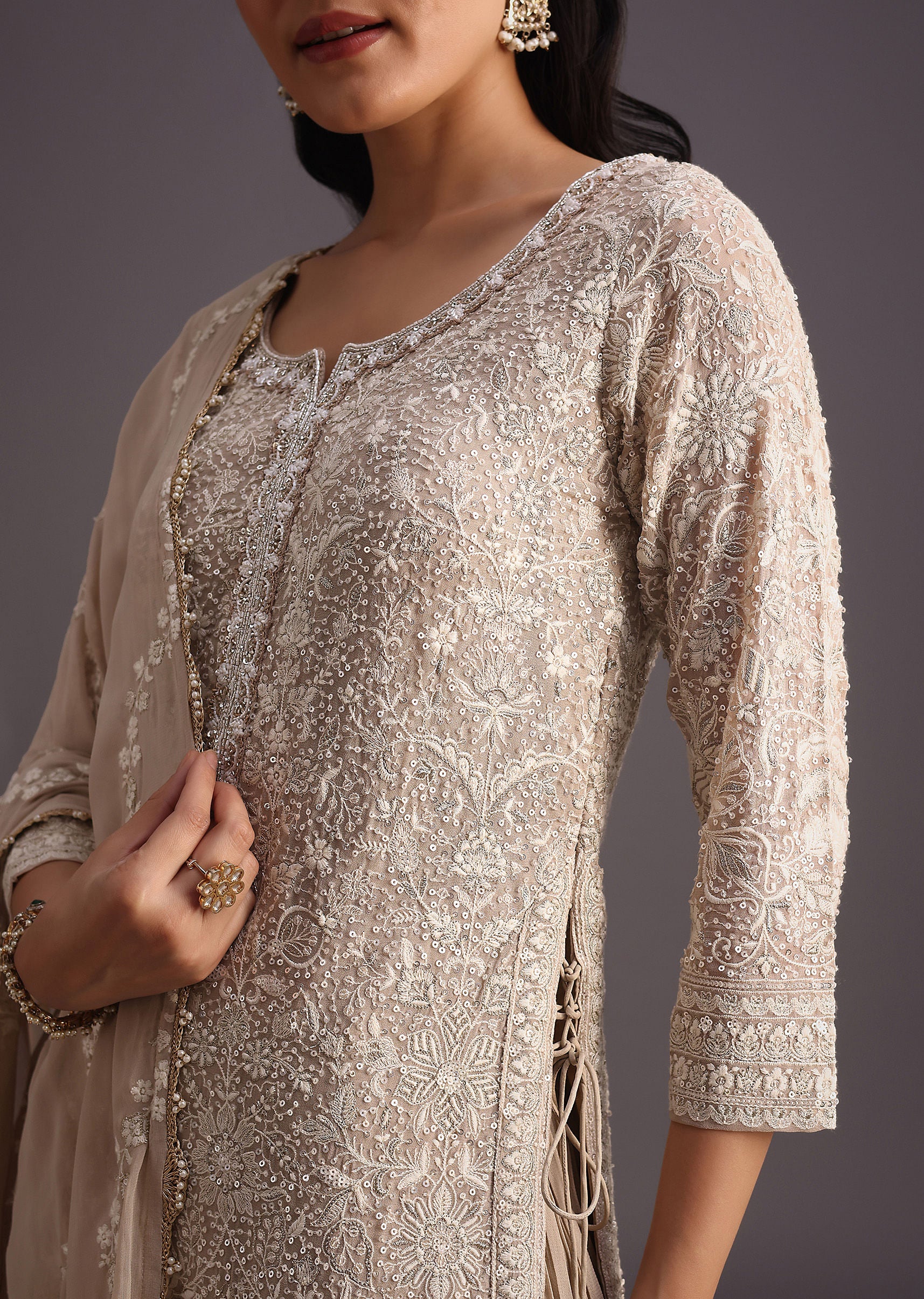 Beige Lucknowi kurta set With Flared Palazzo And Resham Work Dupatta