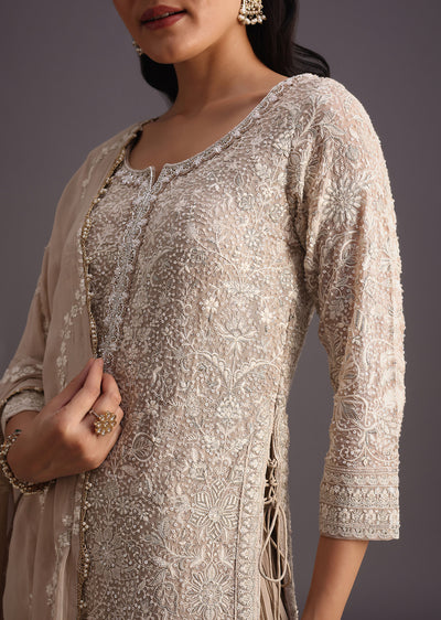 Beige Lucknowi kurta set With Flared Palazzo And Resham Work Dupatta