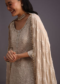 Beige Lucknowi Work Kurta Set And Dupatta