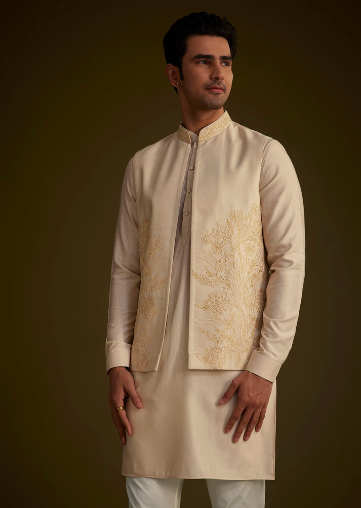 Beige Silk Jacket and Kurta Set with Resham Work main image 1