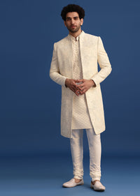 beige silk sherwani and kurta set with zardozi-sg251215 2