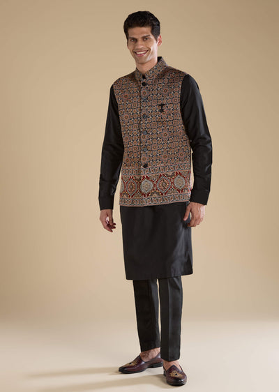 black-ajrakh-print-mens-jacket-kurta-and-pant-set-sg351302-1