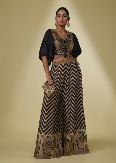 Black And Gold Crop Top With Chevron Print Skirt