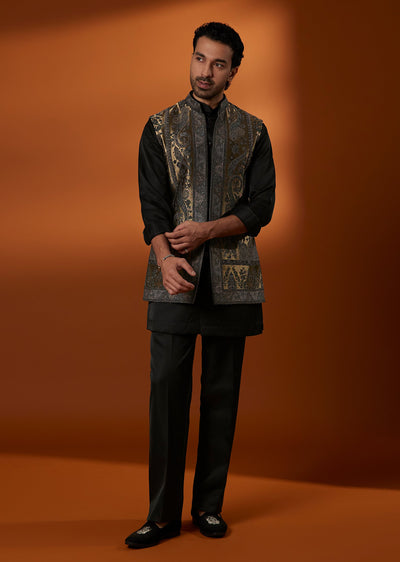Black And Gold Pure Pashmina Men Indo Western Set