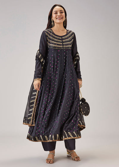 Black Bandhani Banarasi Silk Anarkali With Mukaish Work
