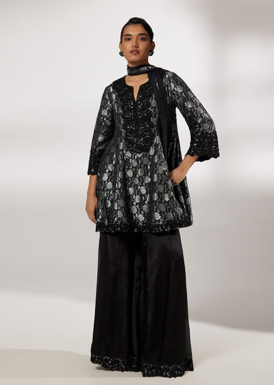 Black Brocade Flared Palazzo Suit Set With Bead And Sequin Work