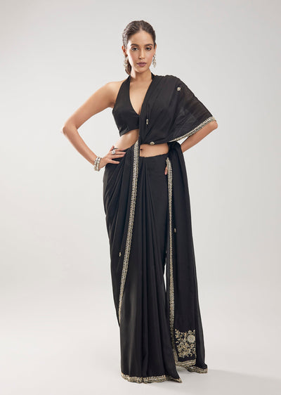Black Chinon Saree With Cut Dana Embellished Border And Pallu