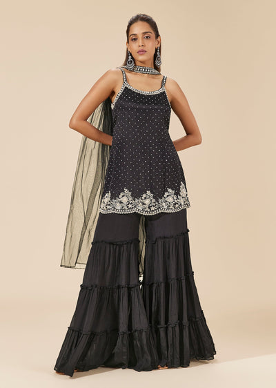 Black Chinon Sharara Suit With Sequin Embroidered Kurta