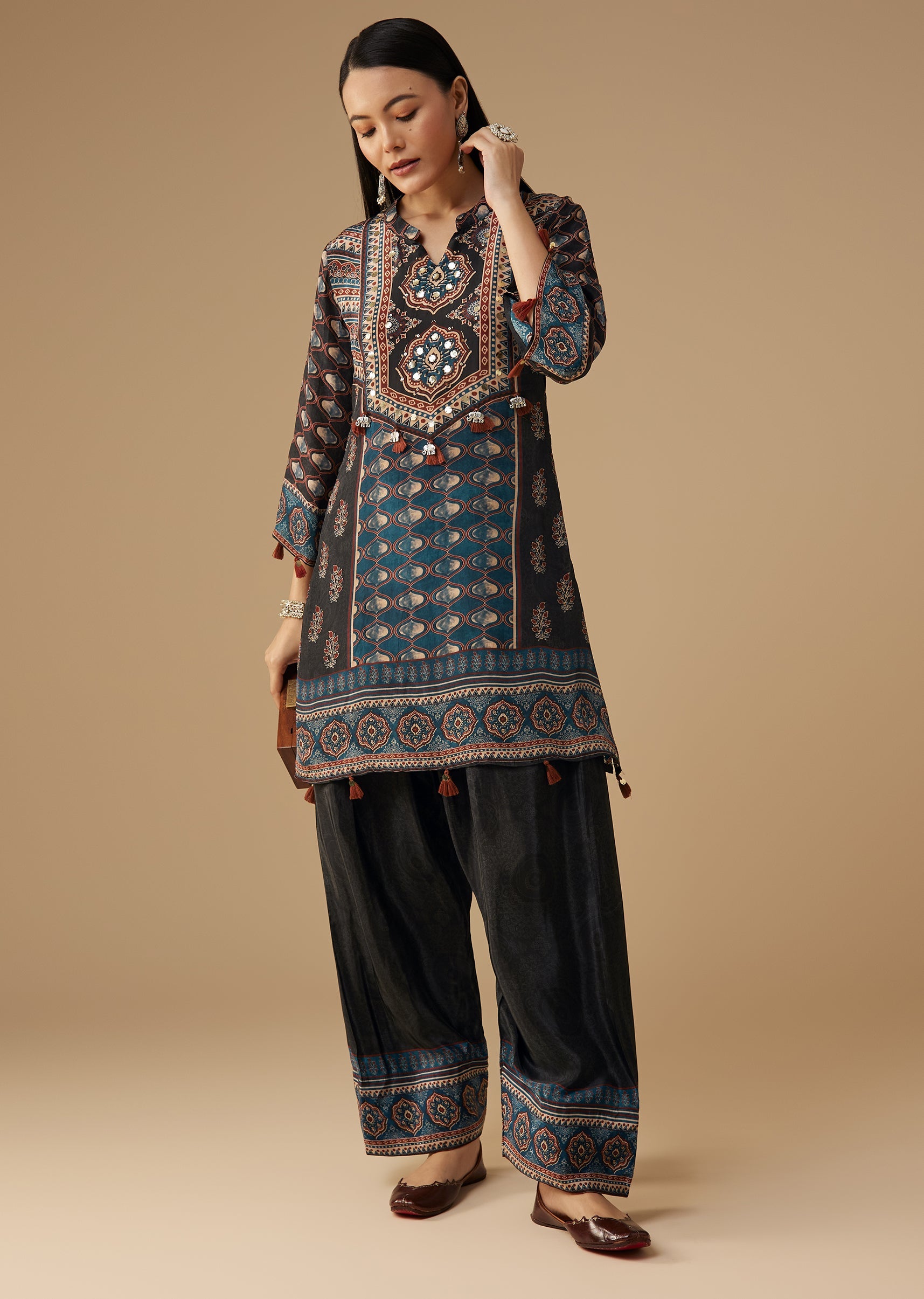 Black Crepe Indie Printed Kurta and Pant Set