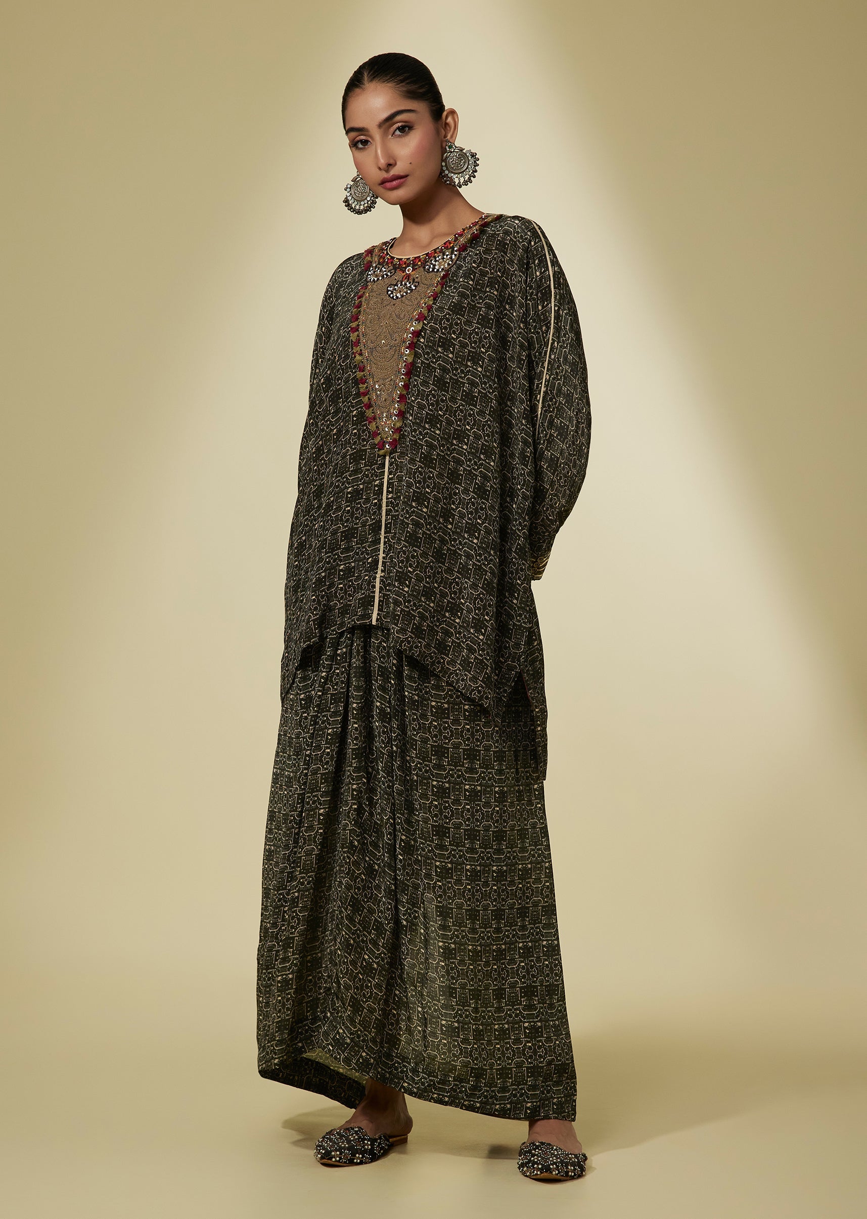 Black Crepe Jacquard Printed Kaftan And Skirt Set With Embroidered Yoke