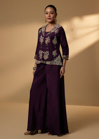 Black Dola Silk Crop Top Palazzo Set With Embroidered Jacket