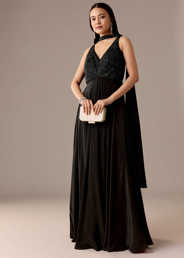 Black Embellished Jumpsuit With Choker Dupatta