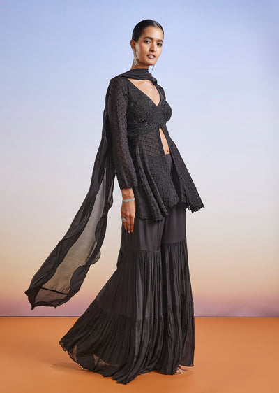 Black Embroidered Chinon Sharara Suit With Peplum Kurta