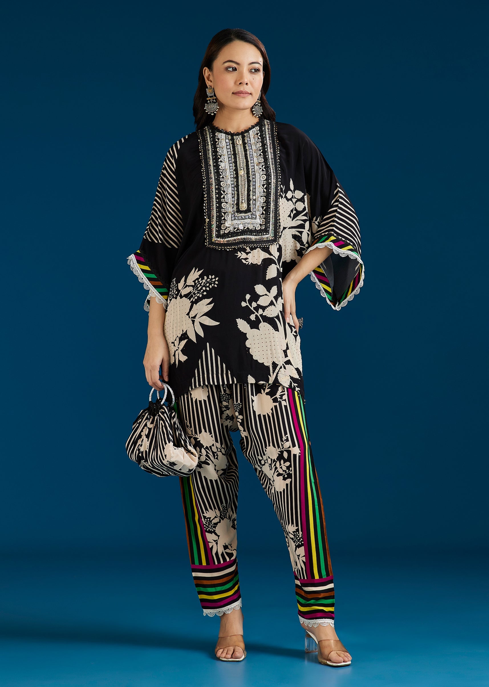 Black Floral Printed Coord Set With Farshi Pant And Potli Bag