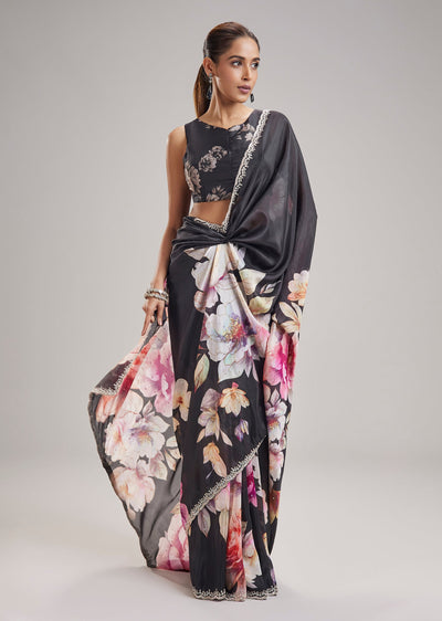 Black Floral Printed Silk Saree With Designer Border