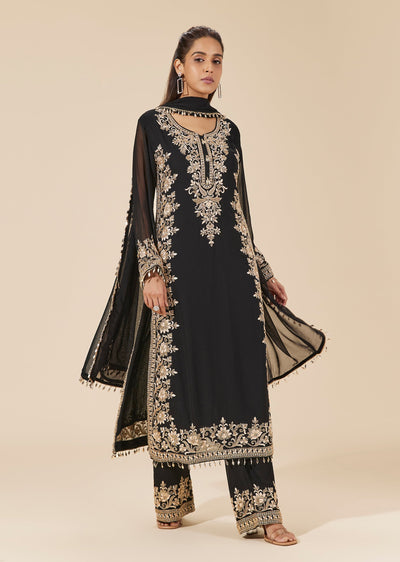 Black Georgette Kurta Set With Floral Resham And Bead Embroidery
