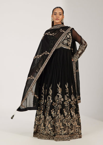 Black Georgette Mirror Embroidered Anarkali Gown With Dupatta