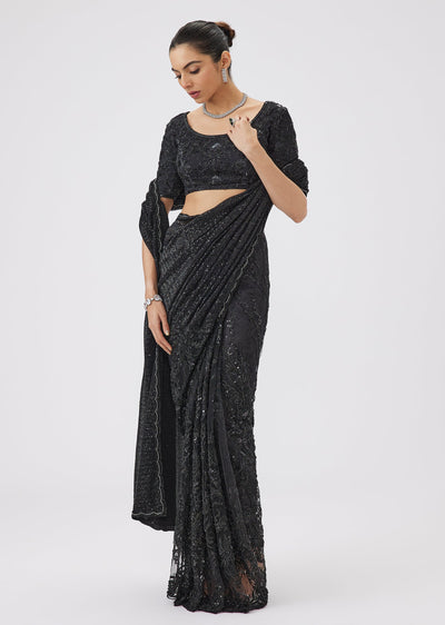 Black Half And Half Sequin Saree With Cut Dana Embellished Border