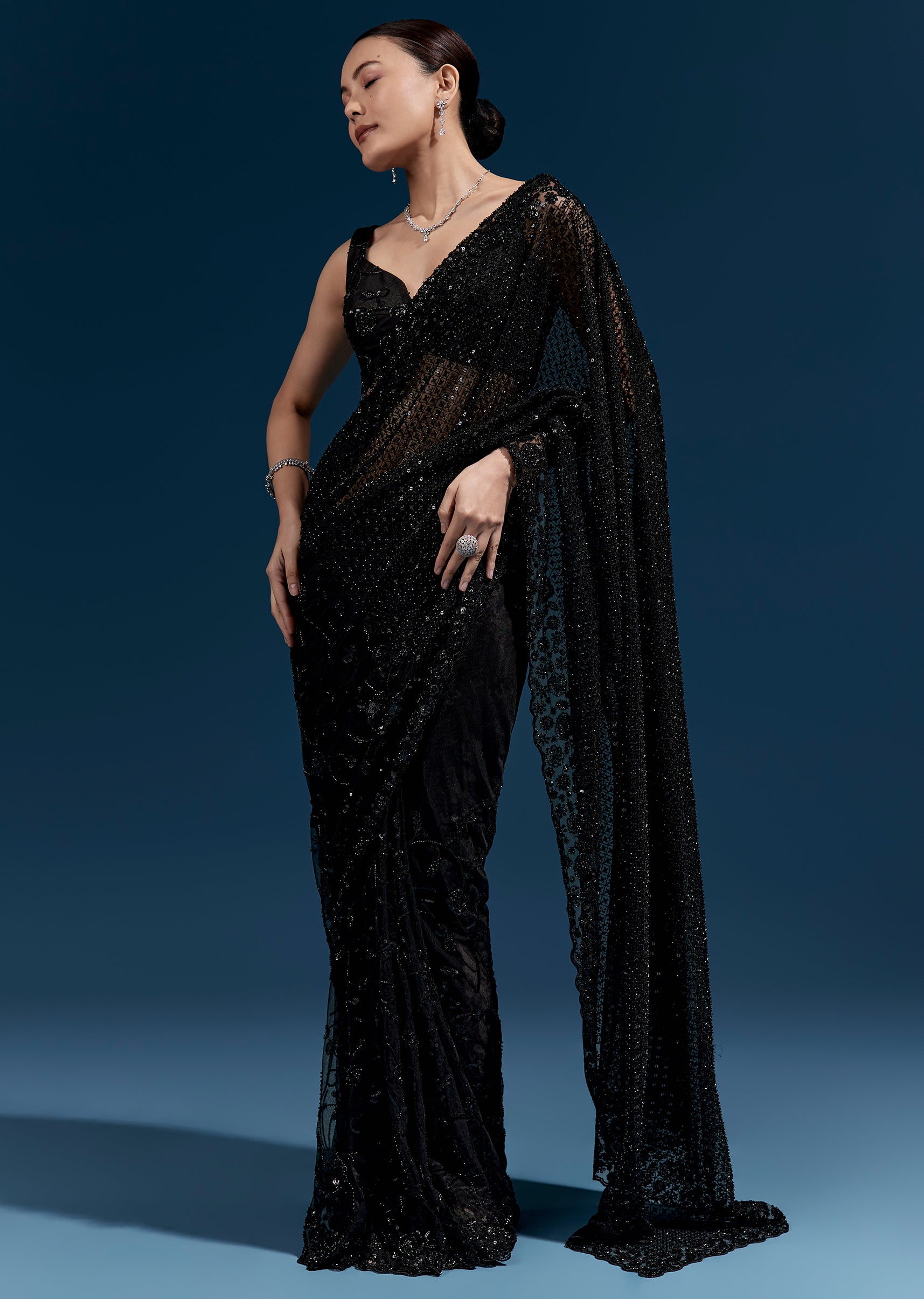 Black Heavy Embroidered Net Saree With Cutwork Border And Jaal Work