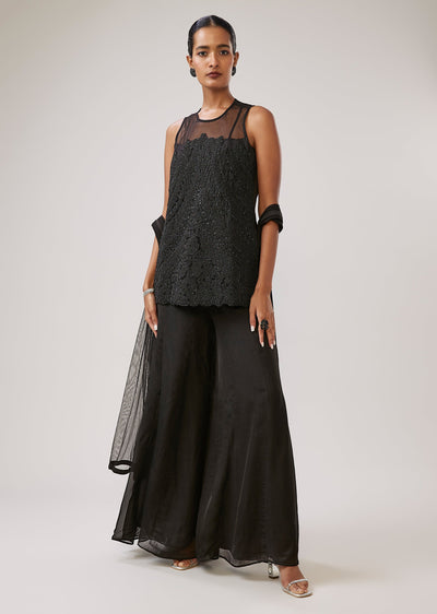 Black Illusion Neck Thread Work Palazzo Set With Dupatta